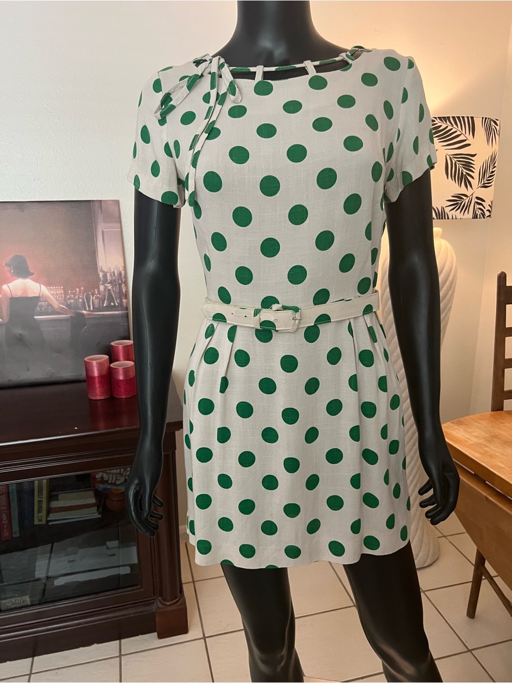 Adorable Vintage Green Polka Dot Mini Dress with Belt
